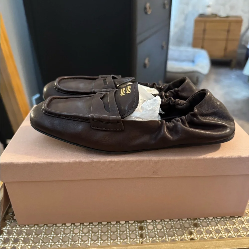 Miu Miu Rouched back Nappa Leather Brown Loafers - Picture 8 of 16
